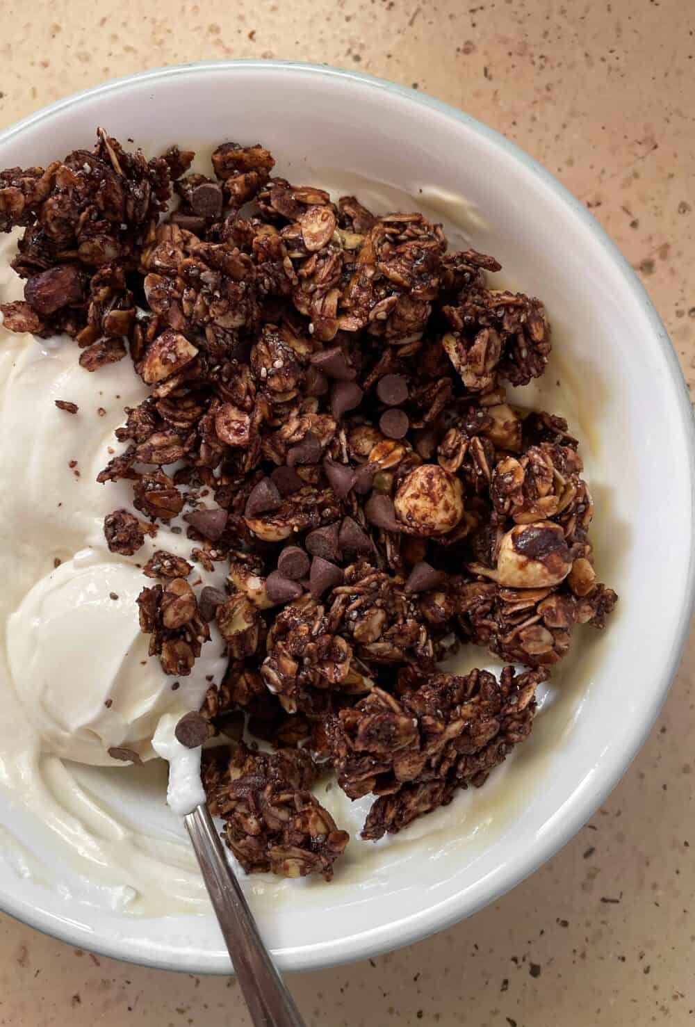 A bowl of creamy yogurt topped with a heap of triple chocolate hazelnut granola studded with chocolate chips.